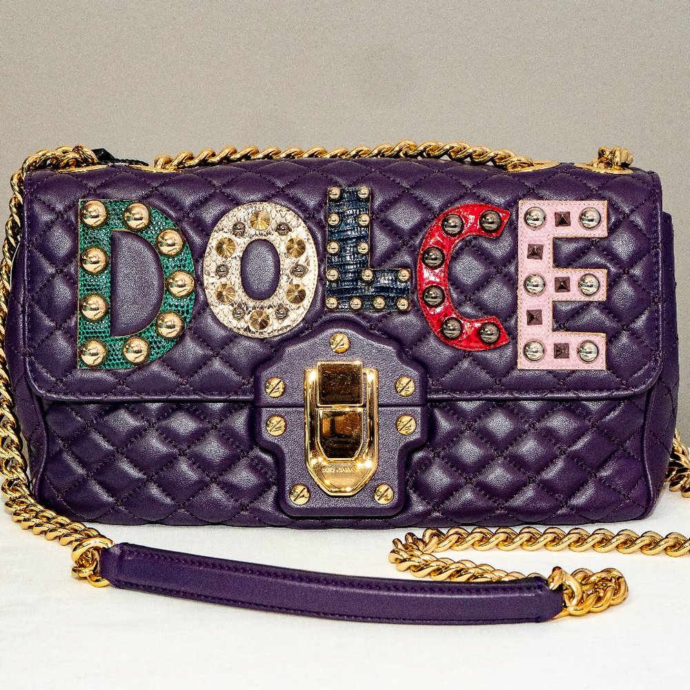 DOLCE & GABBANA Dolce & Gabbana Purple Quilted Leather Lucia Embellished Should